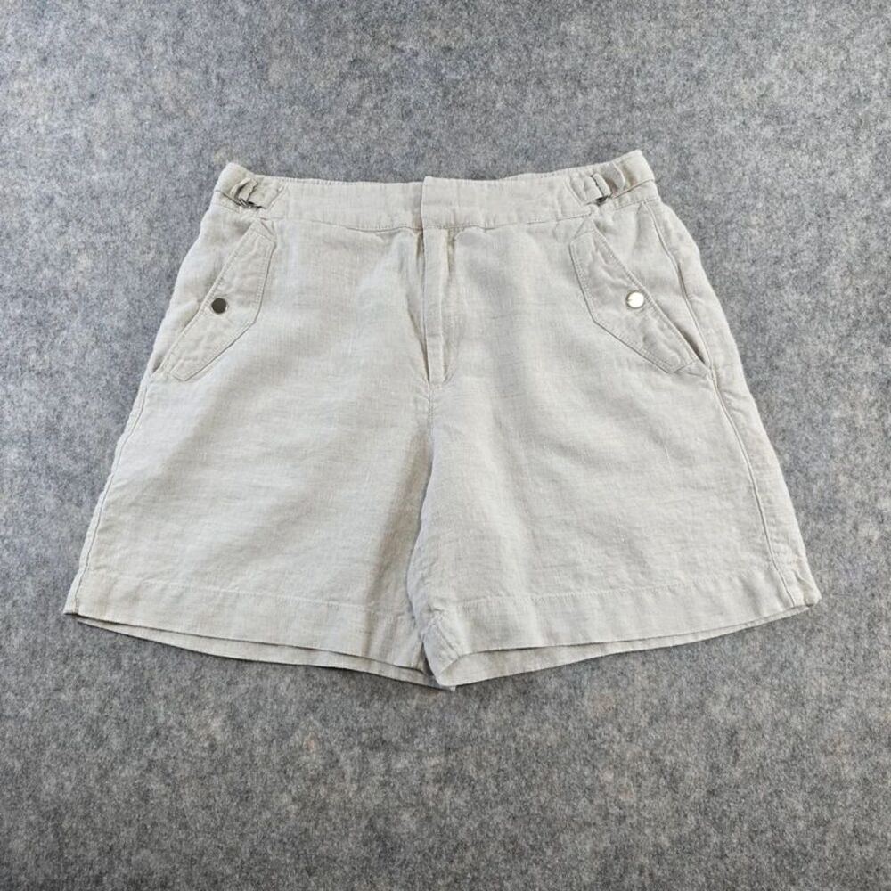Athleta Women's 6" Shorts 100% Linen Beige Size 12 Pockets Elastic Waist Chino